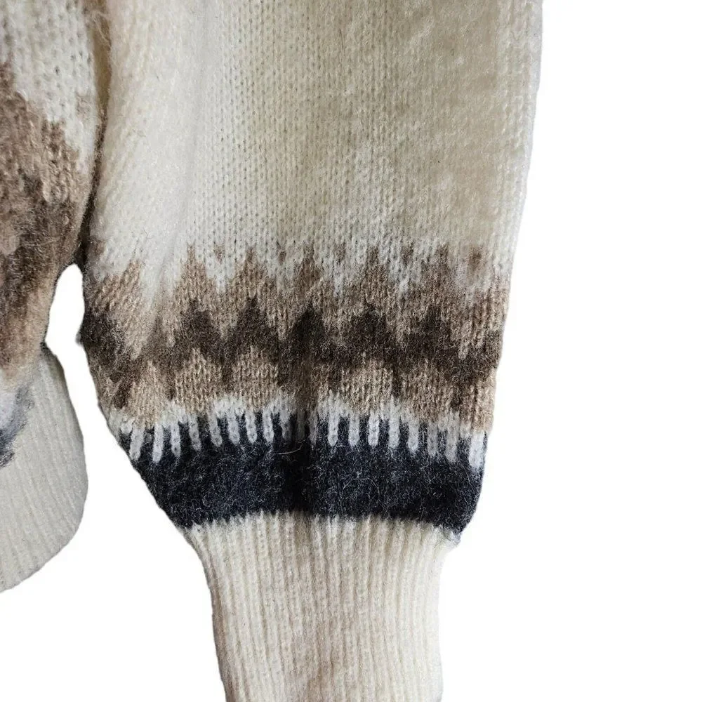 Vintage 80s Sweater Mens Size L Ivory Brown Winter Ski Thick Wool Fair Isle